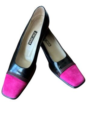 🩷🖤Vintage Escada Black Leather Pink Suede Cap Toe Pumps size 7 B